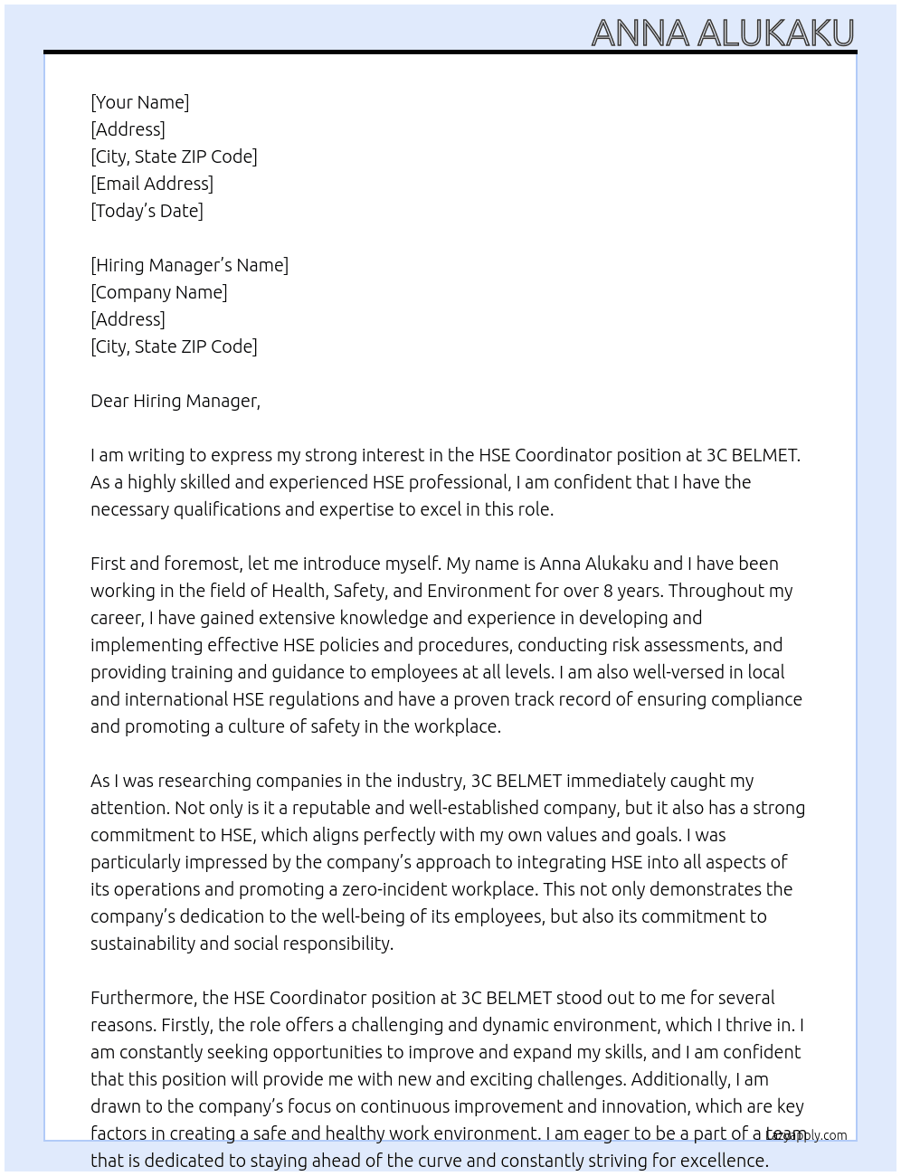 Cover letter for hse cordinator - LazyApply