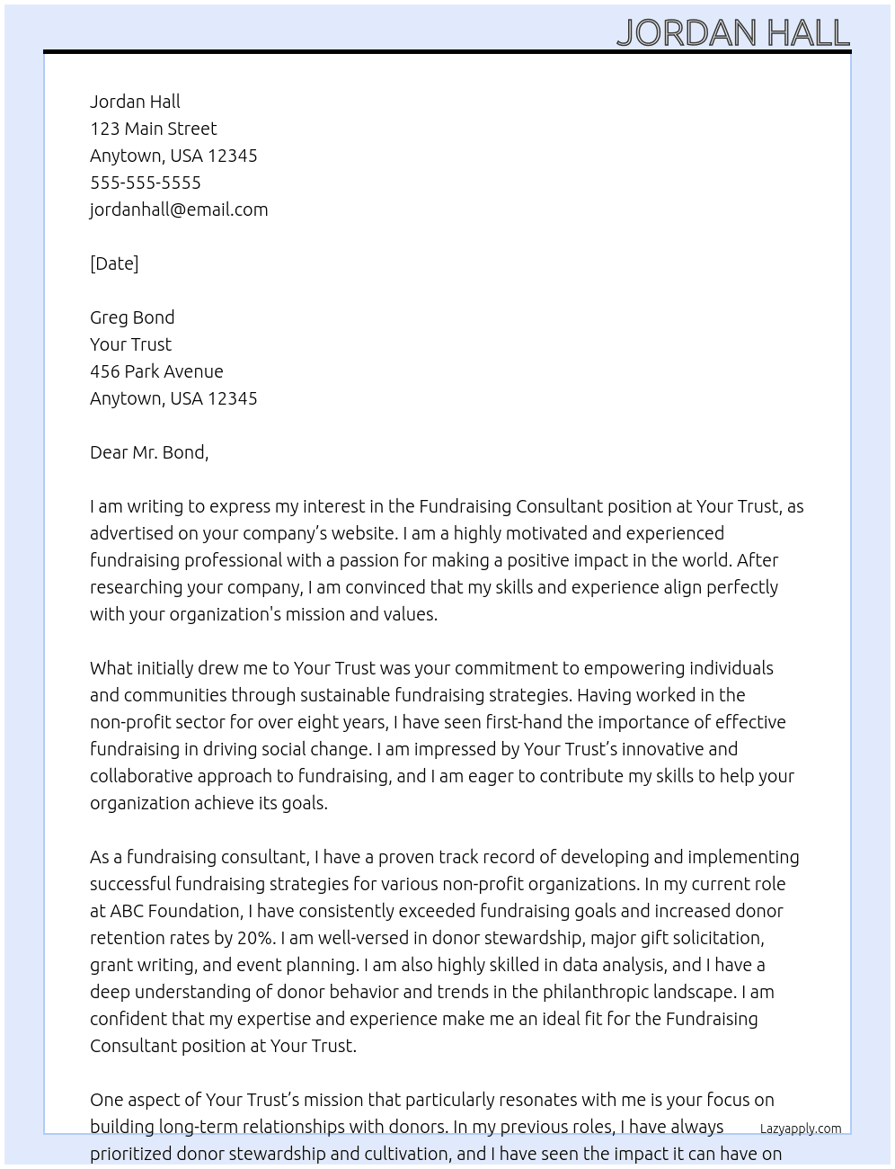 Fundraising consultant At Your Trust Cover Letter
