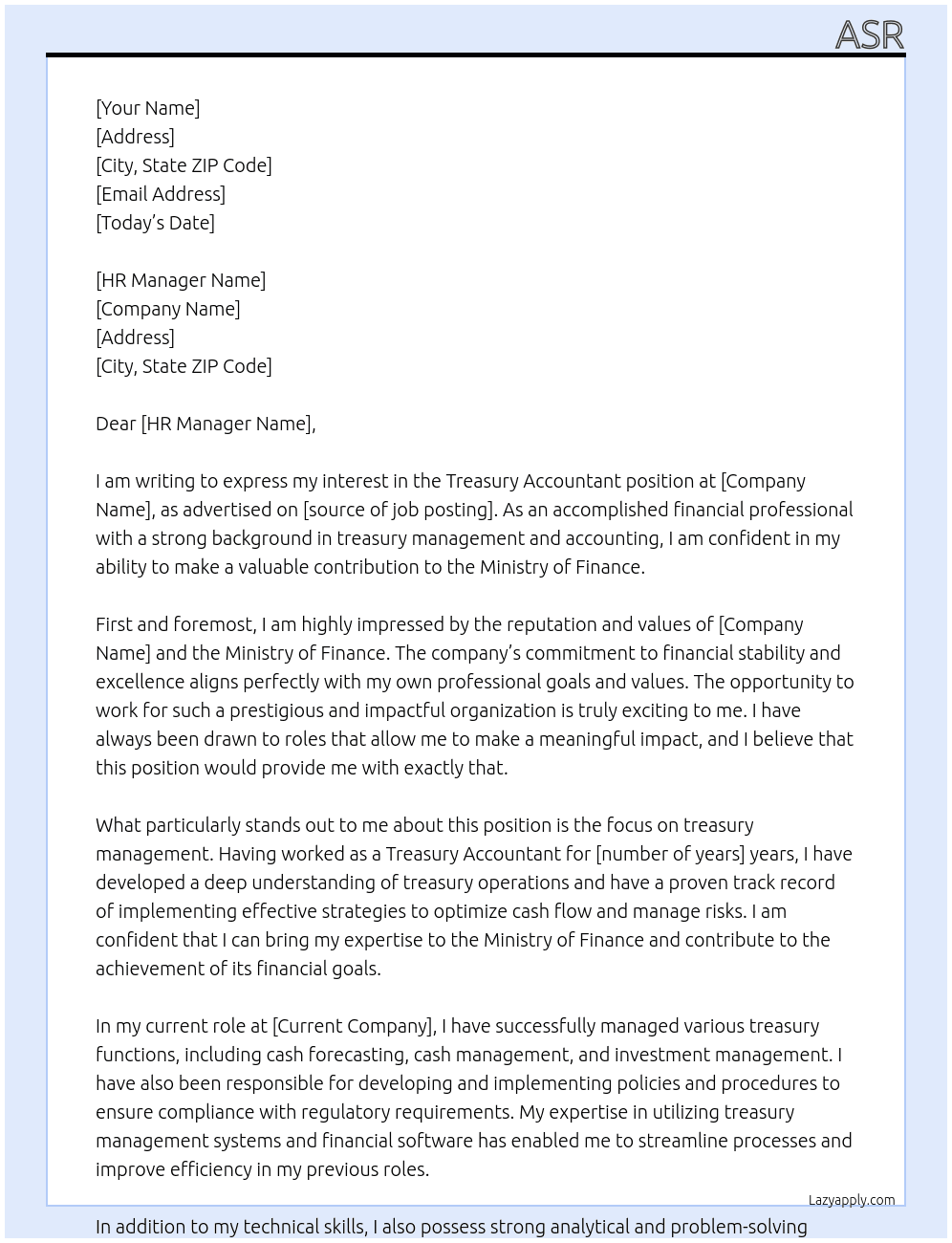 treasury accountant At Ministry of Finance Cover Letter