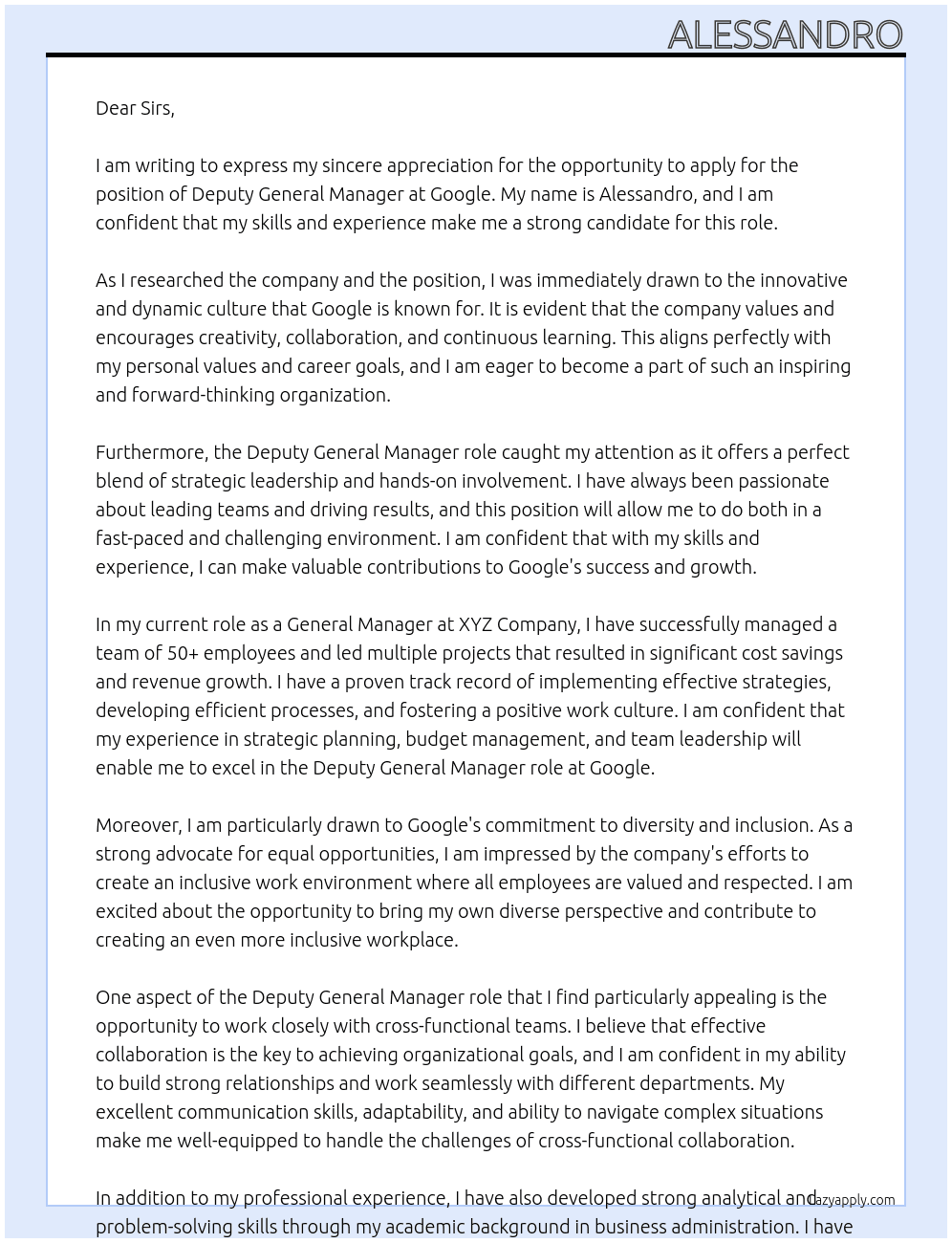 Deputy General Manager At google Cover Letter