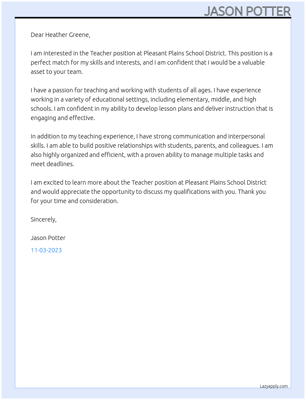 Teacher At Pleasant Plains School District Cover Letter