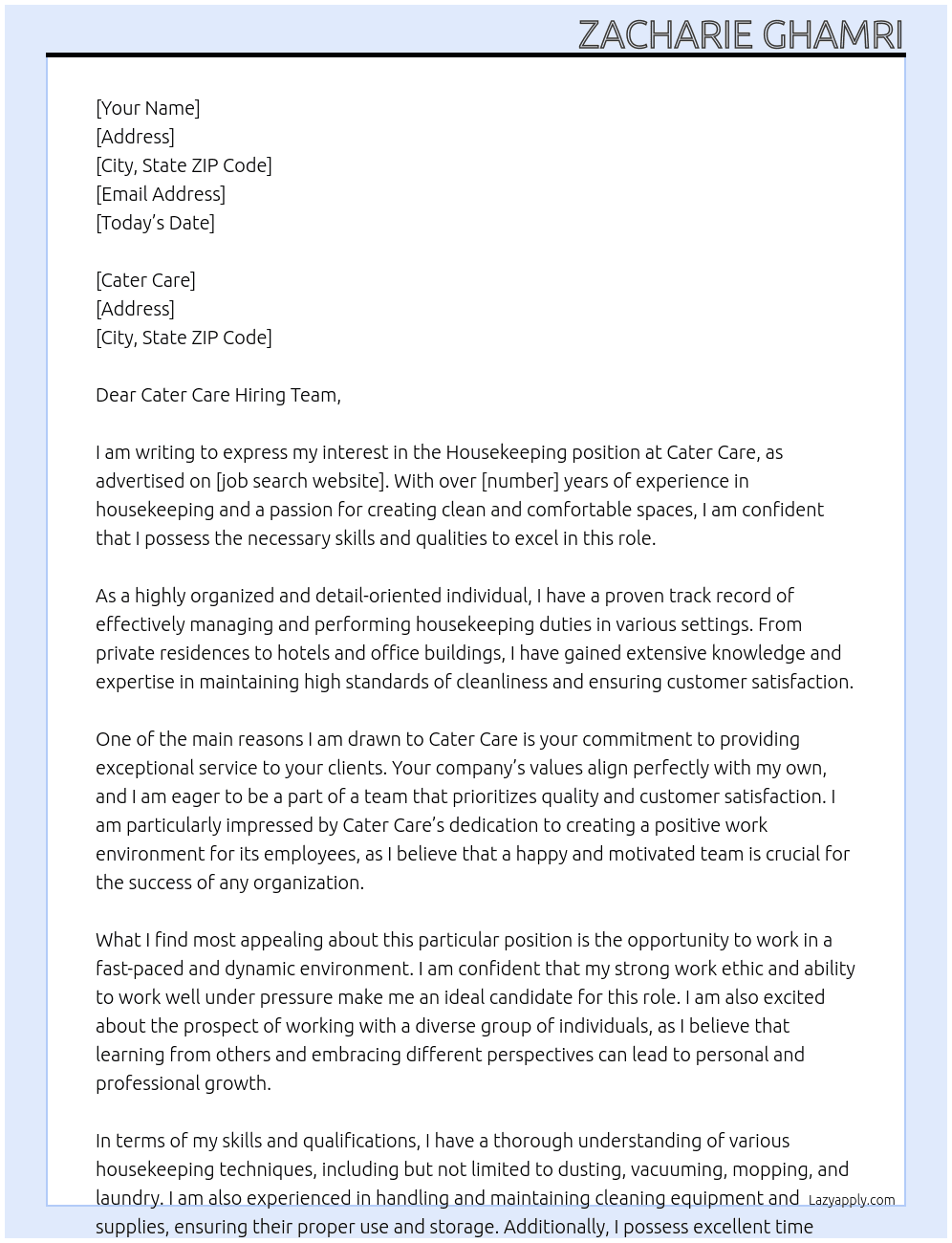 Housekeeping At Cater care Cover Letter