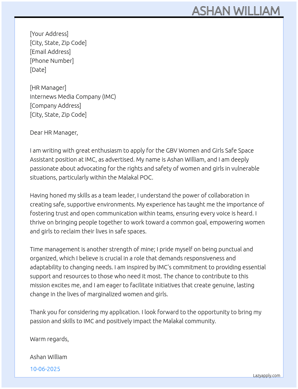 GBV women girls safe space assistant  At IMC  Cover Letter