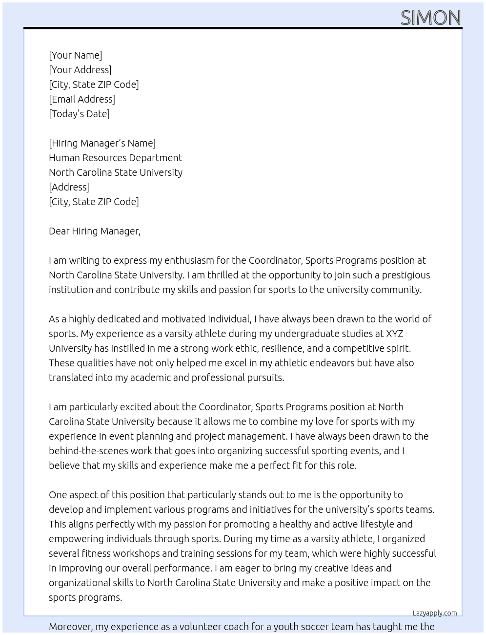 Coordinator, Sports Programs At North Carolina State University Cover Letter