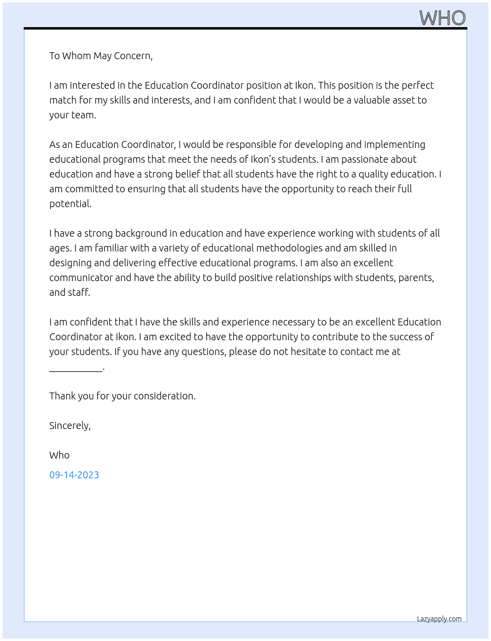EDUCATION COORDINATOR At Ikon Cover Letter