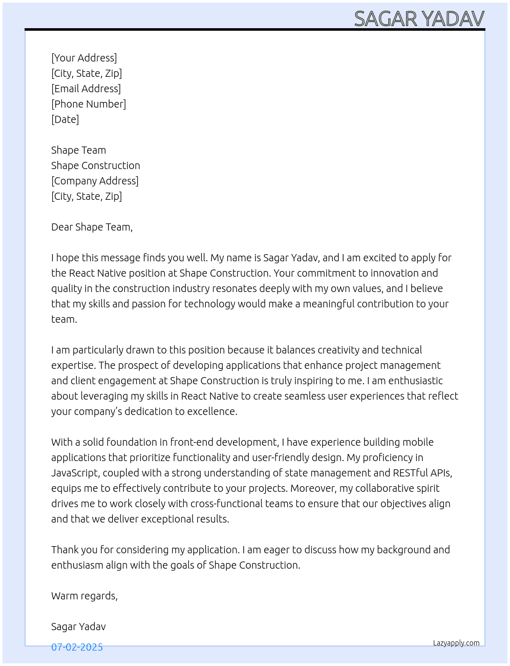 Cover letter for react native - LazyApply