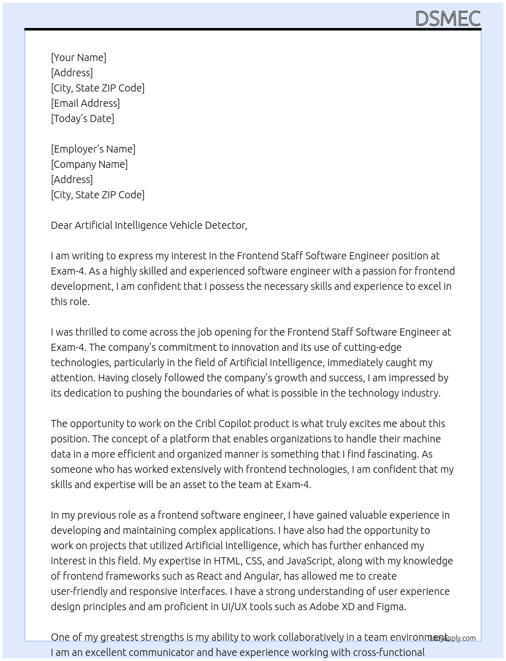 Frontend Staff Software Engineer, Cribl Copilot At Exam-4 Cover Letter