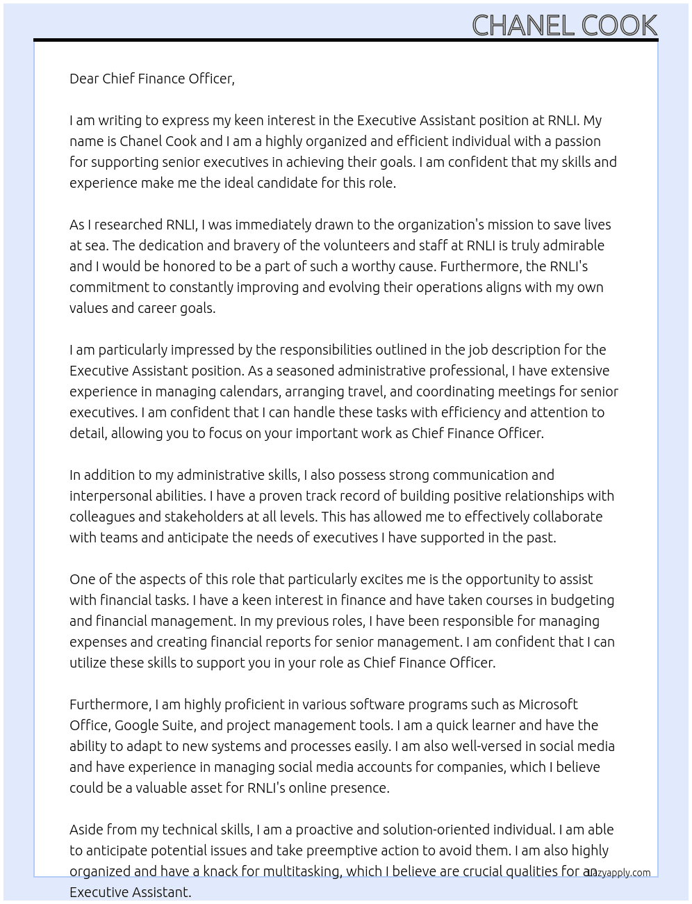 Executive Assistant At RNLI Cover Letter