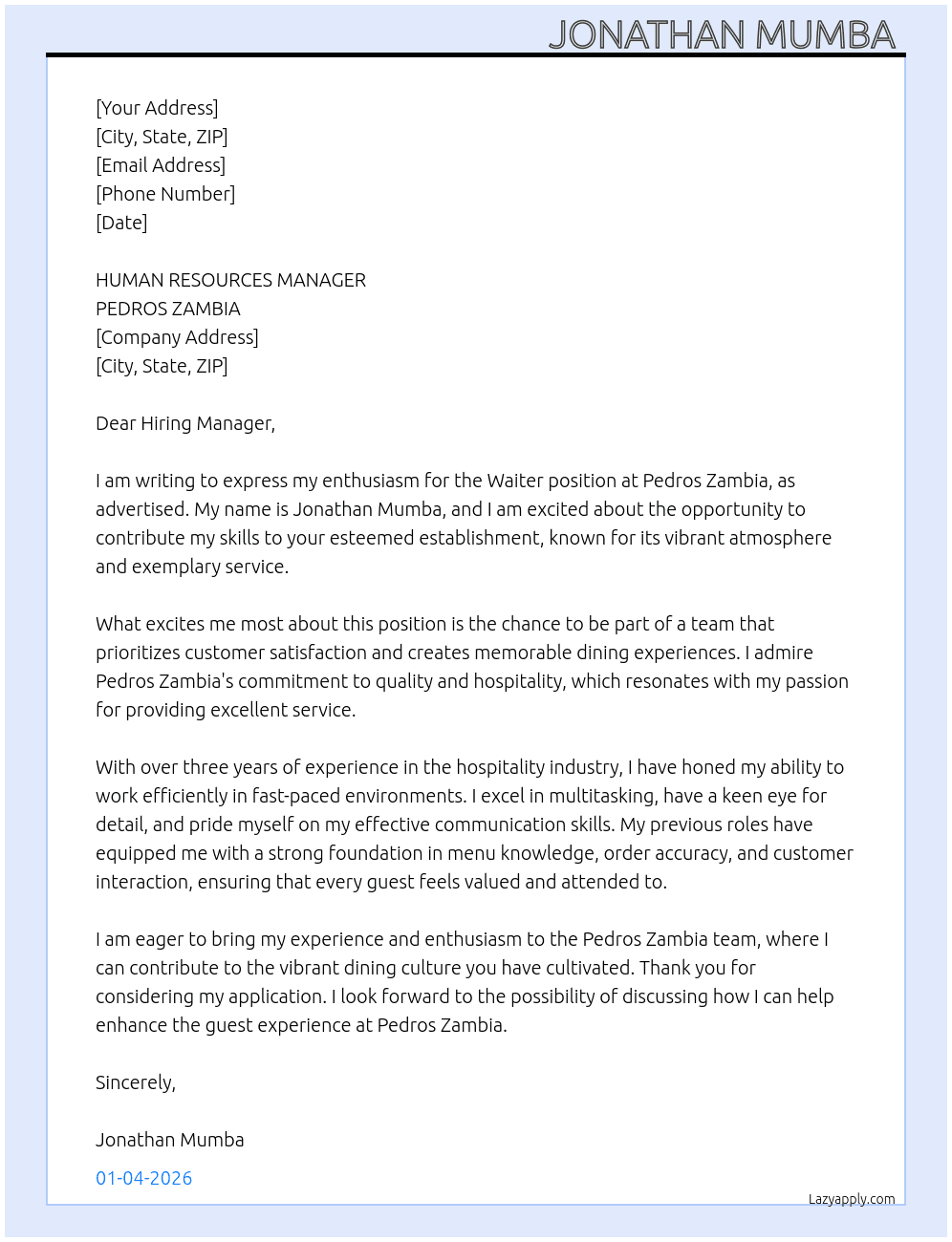 Cover letter for waiter - LazyApply