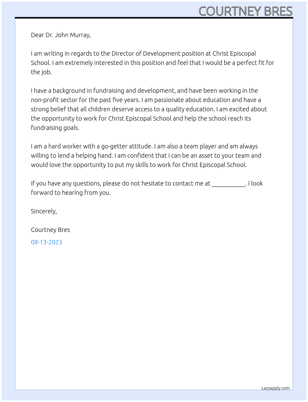 Director of Development At Christ Episcopal School Cover Letter
