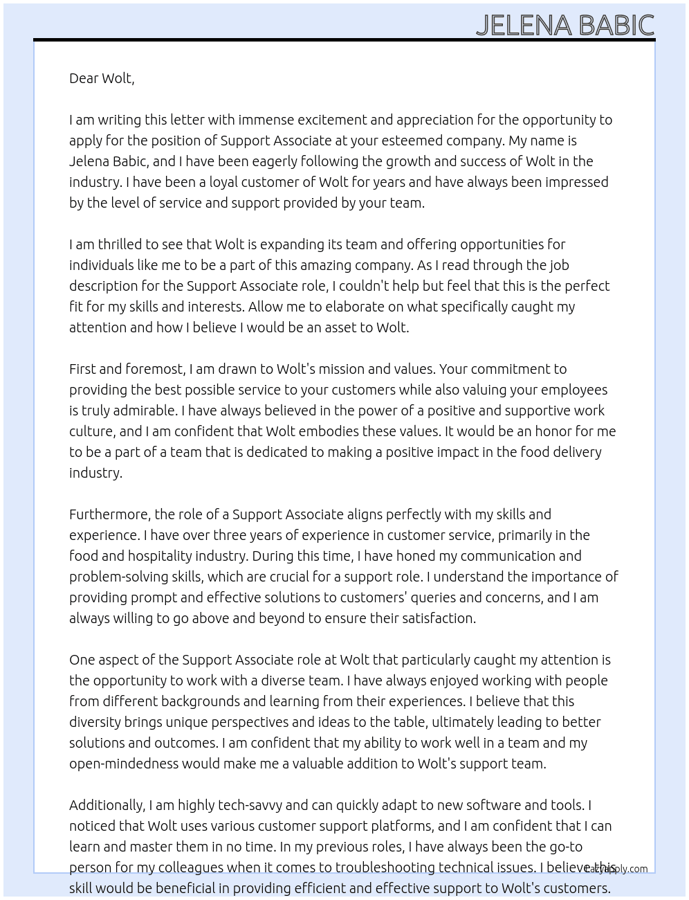 Support Associate At Wolt Cover Letter