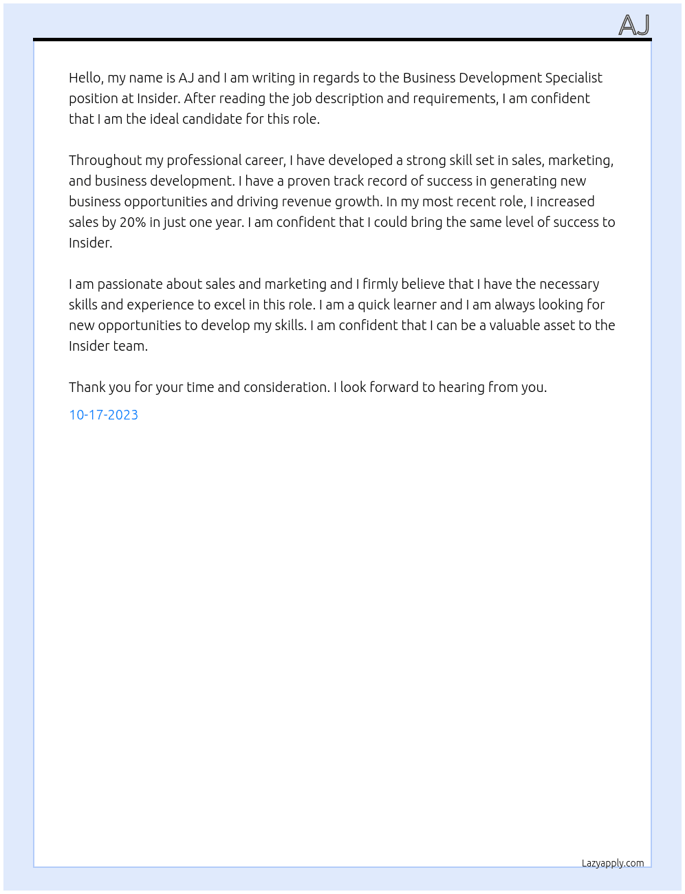 business development specialist At Insider Cover Letter
