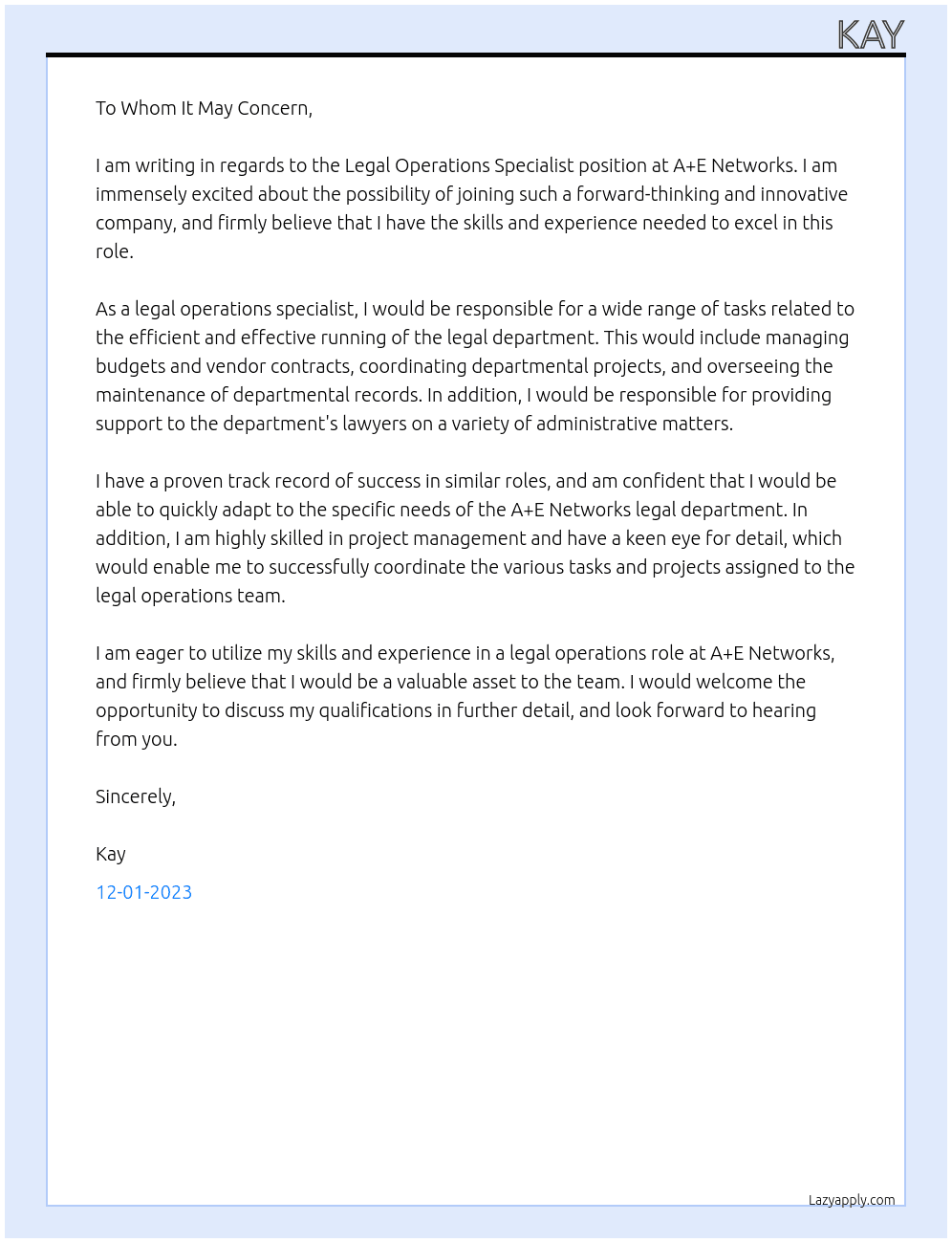 Legal Operations Specialist At A+E Networks Cover Letter