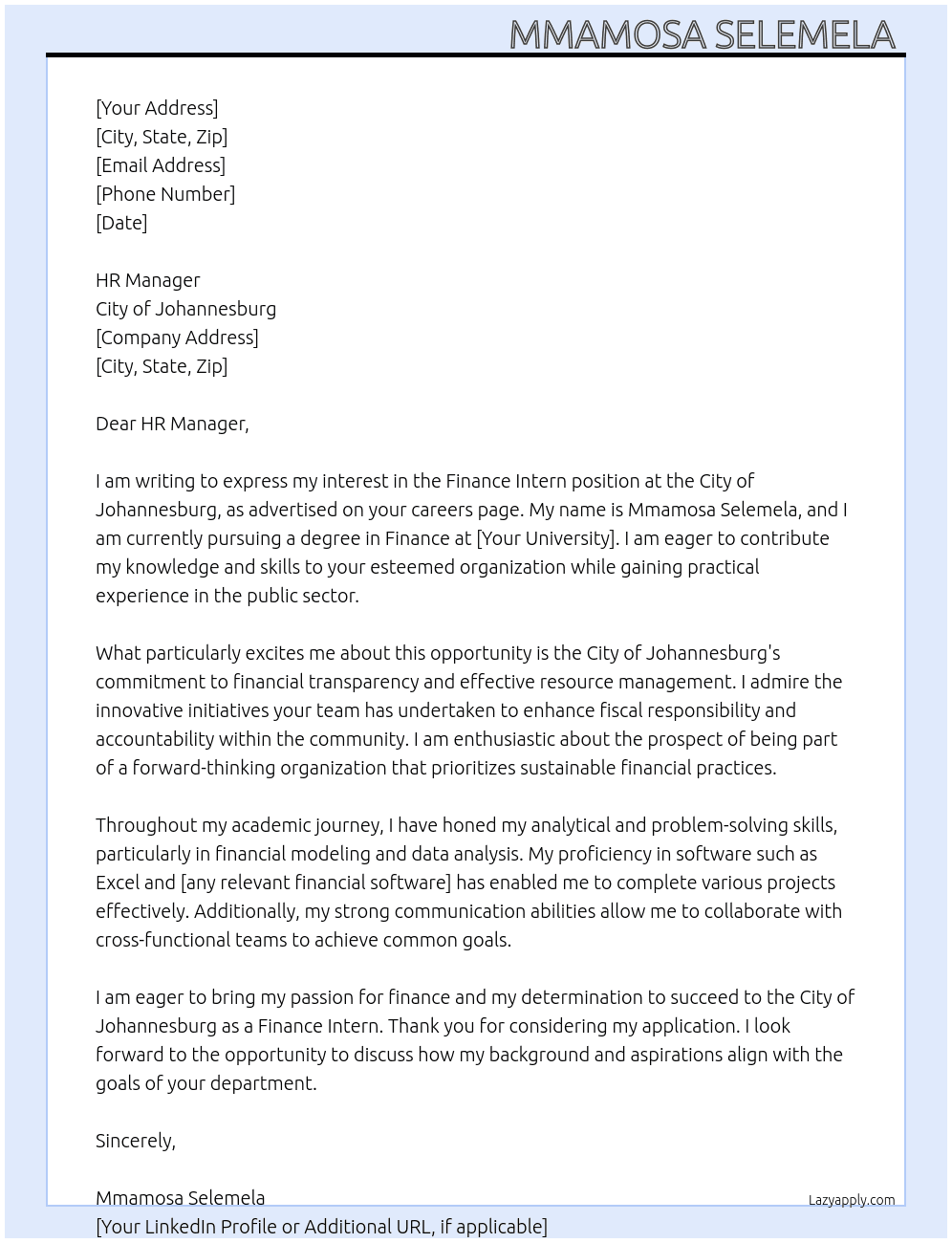 Finance Intern  At City of Johannesburg  Cover Letter