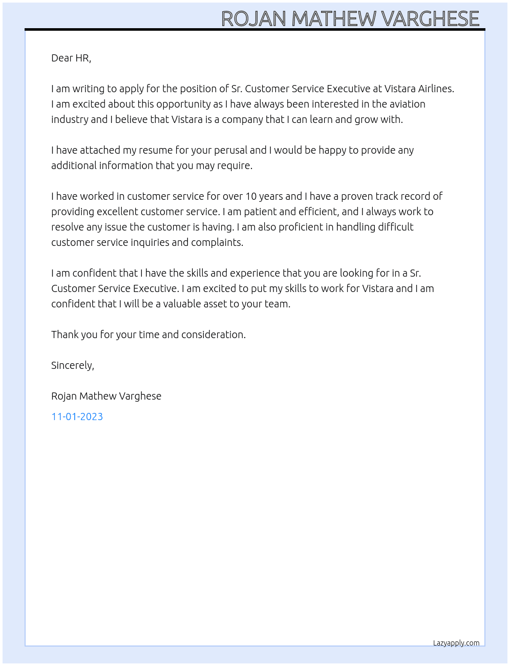 Sr. Customer Service Executive At A TATA SIV JV Vistara Airlines Cover Letter