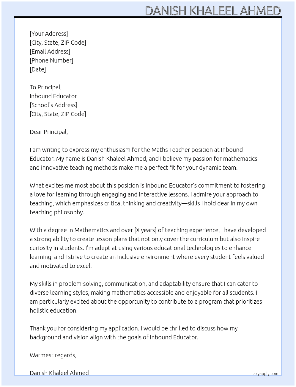 MATHS teacher  At Inbound educator Cover Letter