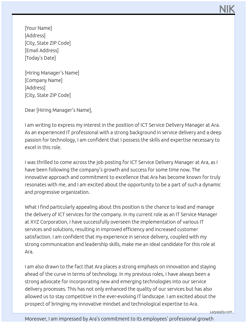 ICT service delivery manager At Ara Cover Letter