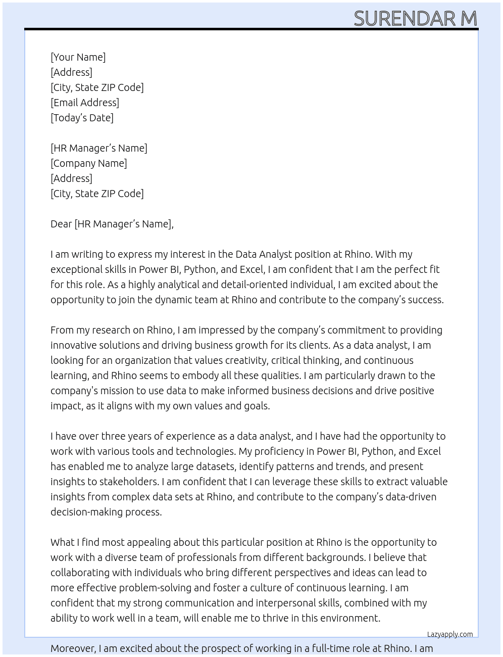 Data analyst  At RHINO Cover Letter