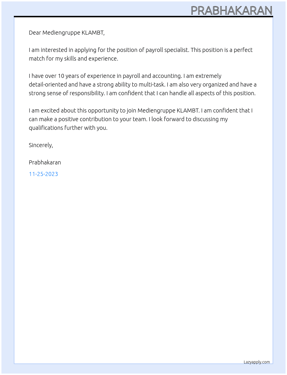 payroll specialist At Mediengruppe KLAMBT Cover Letter