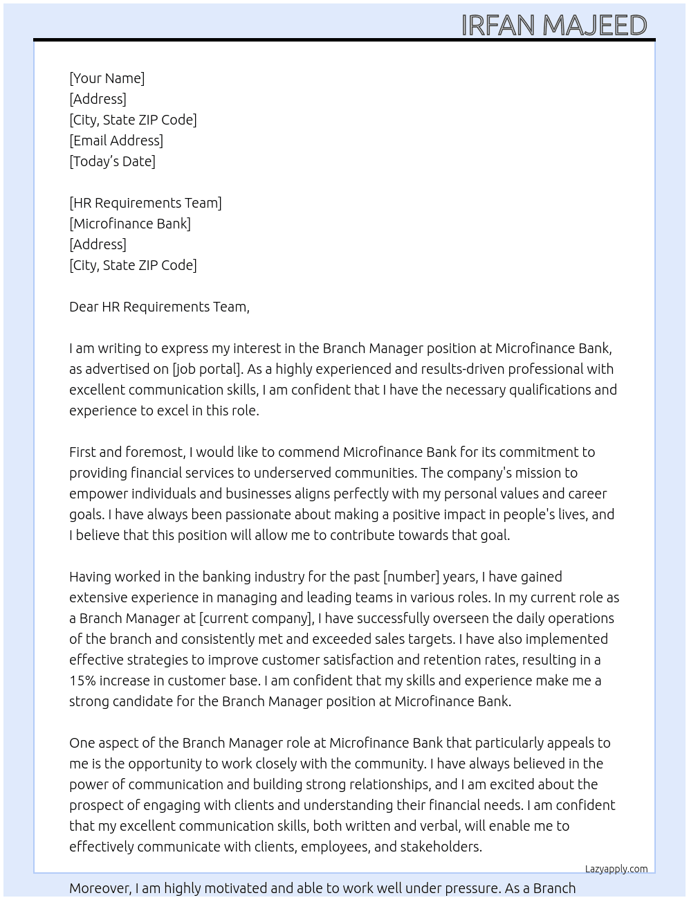 Branch manager  At Microfinance Bank  Cover Letter