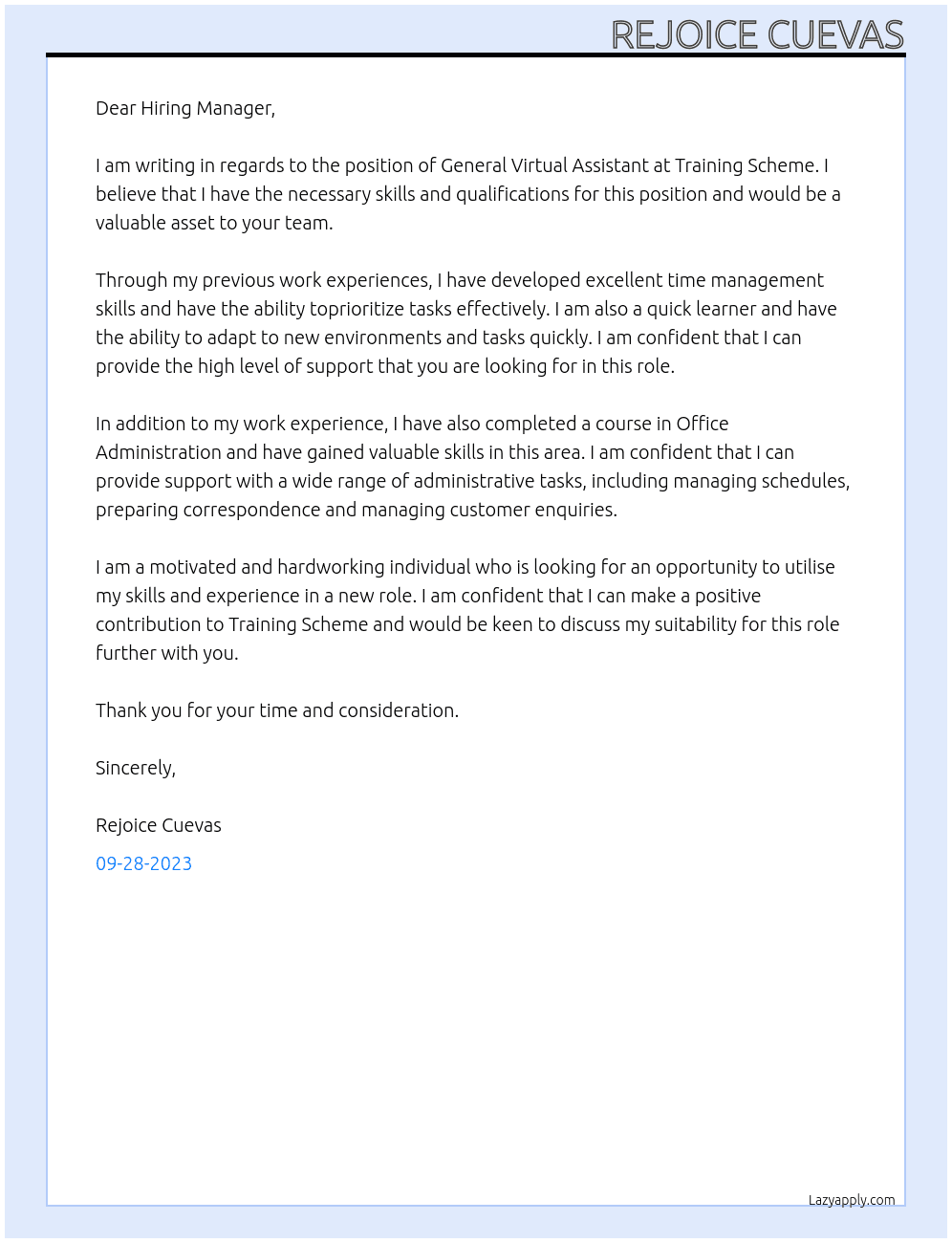 General Virtual Assistant At Training Scheme Cover Letter