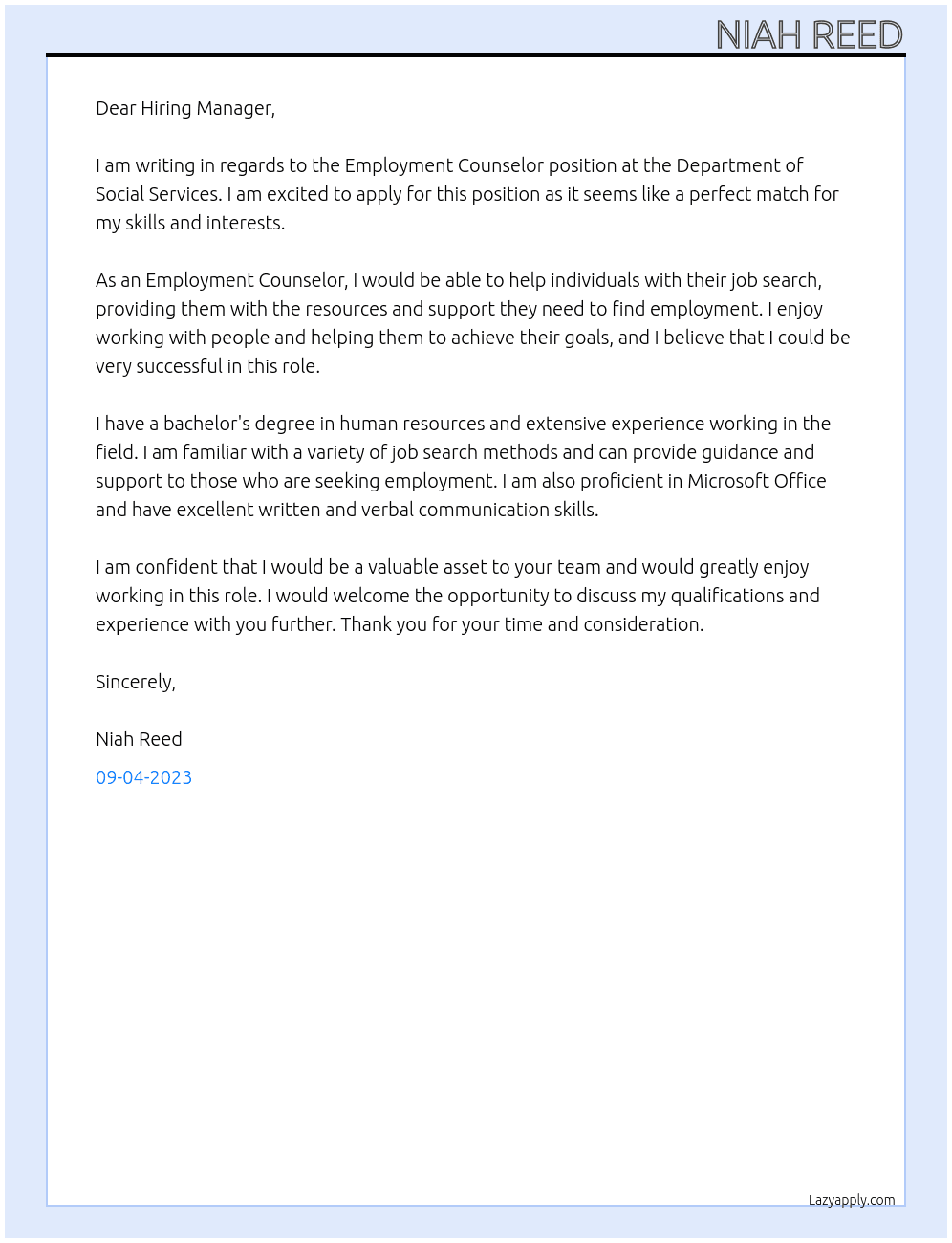 Employment Counselor At Department of Social Services Cover Letter