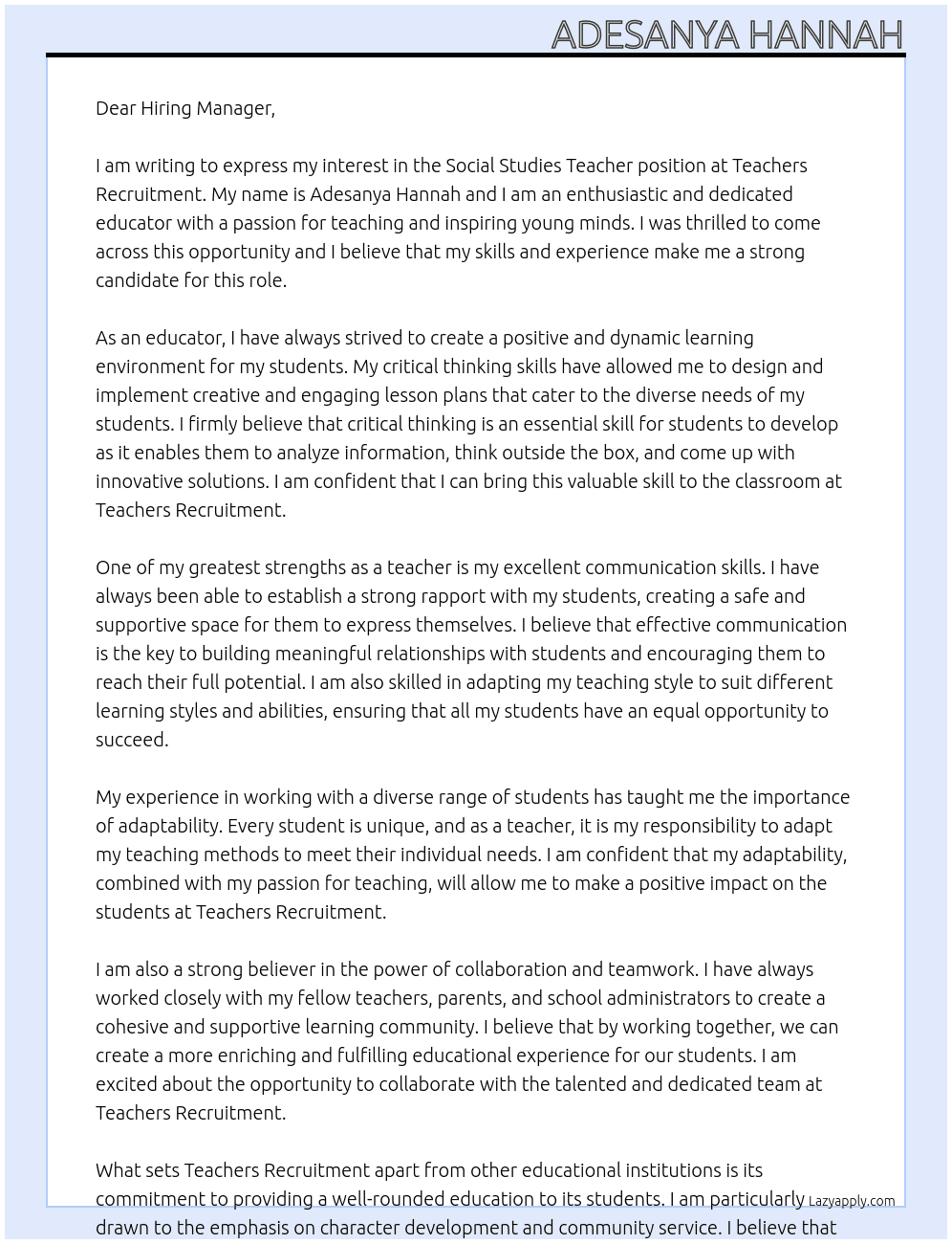 Social Studies Teacher At Teachers Recruitment Cover Letter