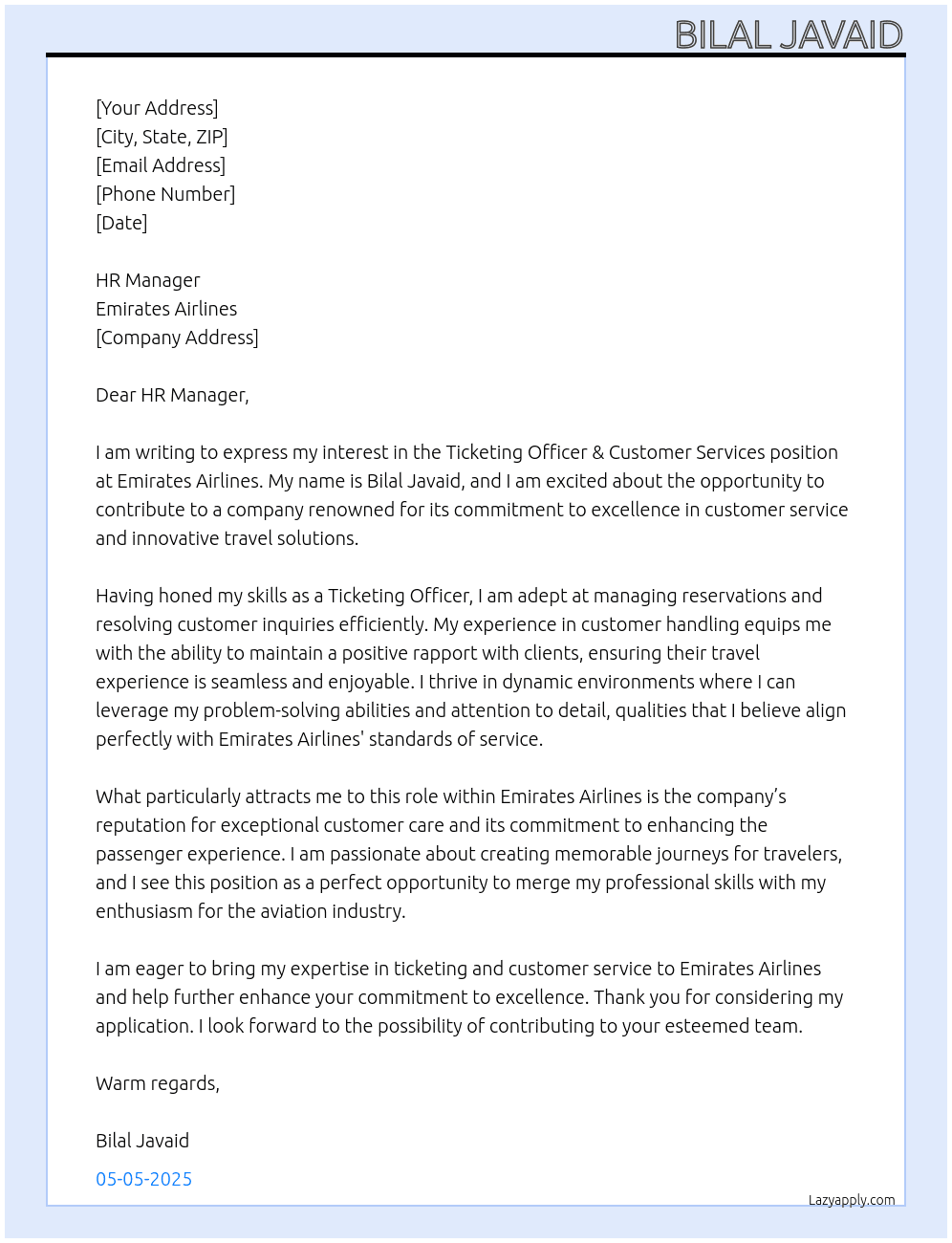 Cover letter for ticketing officer & customer services - LazyApply