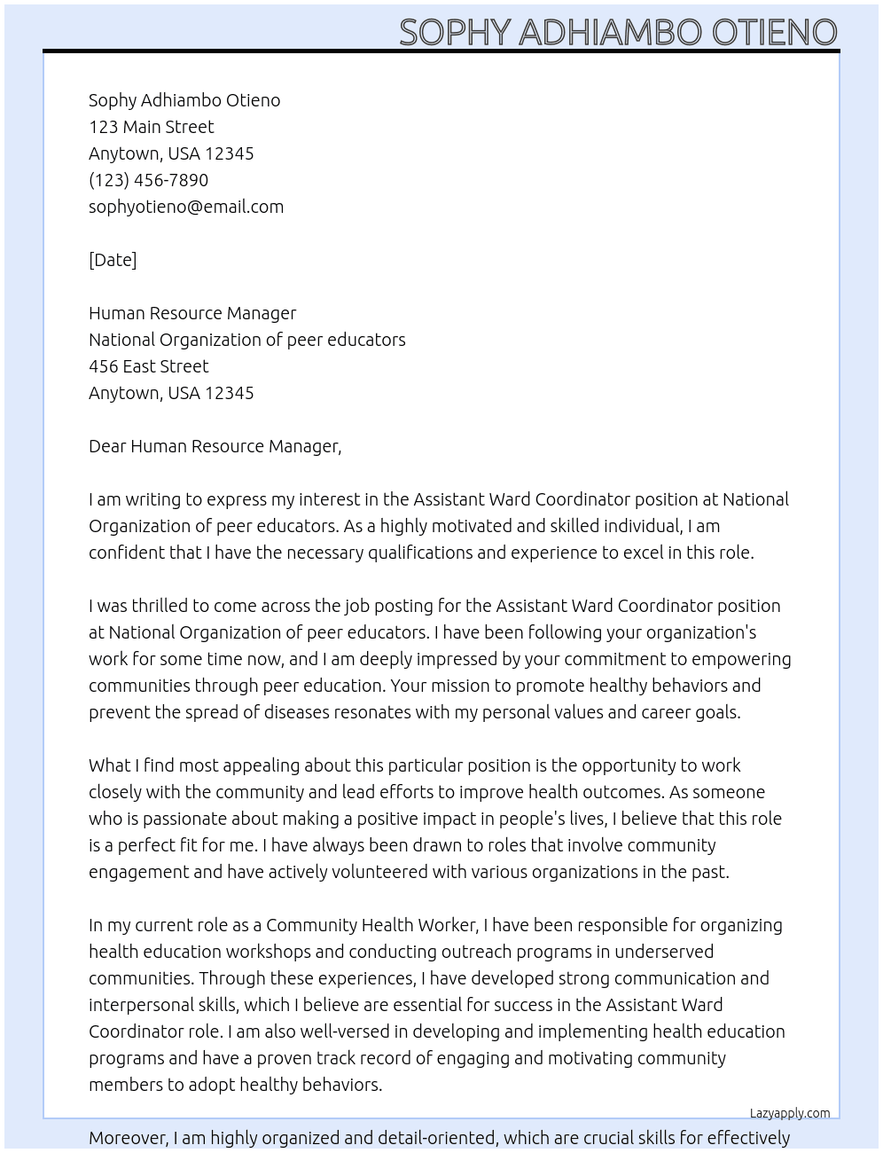 Assistant Ward Coordinator  At National Organization of peer educators Cover Letter