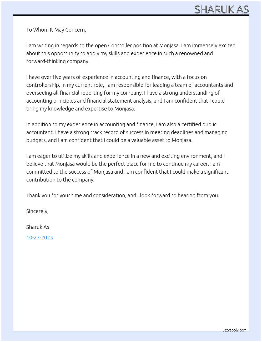 controller At monjasa Cover Letter