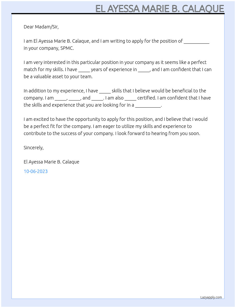 any position At SPMC Cover Letter