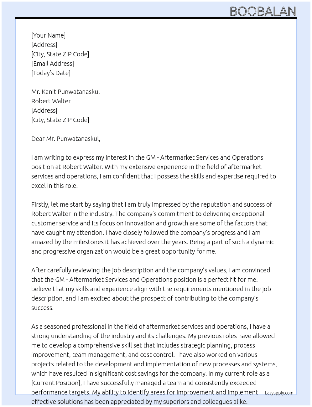 GM - Aftermarket Services and Operations At Robert Walter Cover Letter