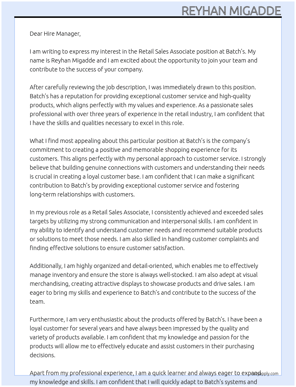 Retail Sales Associate At Batch’s Cover Letter