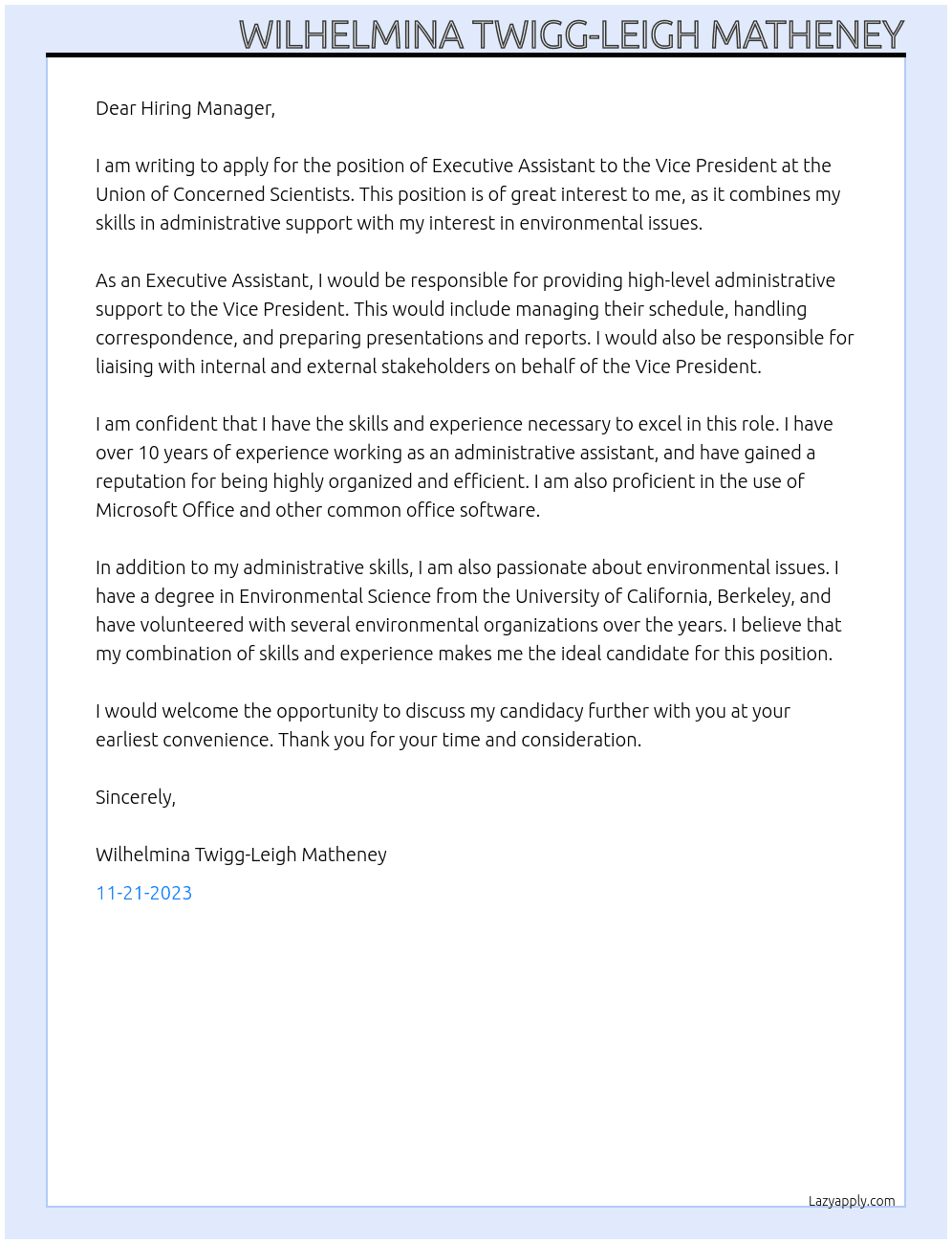 Executive Assistant to Vice President At Union of Concerned Scientists Cover Letter