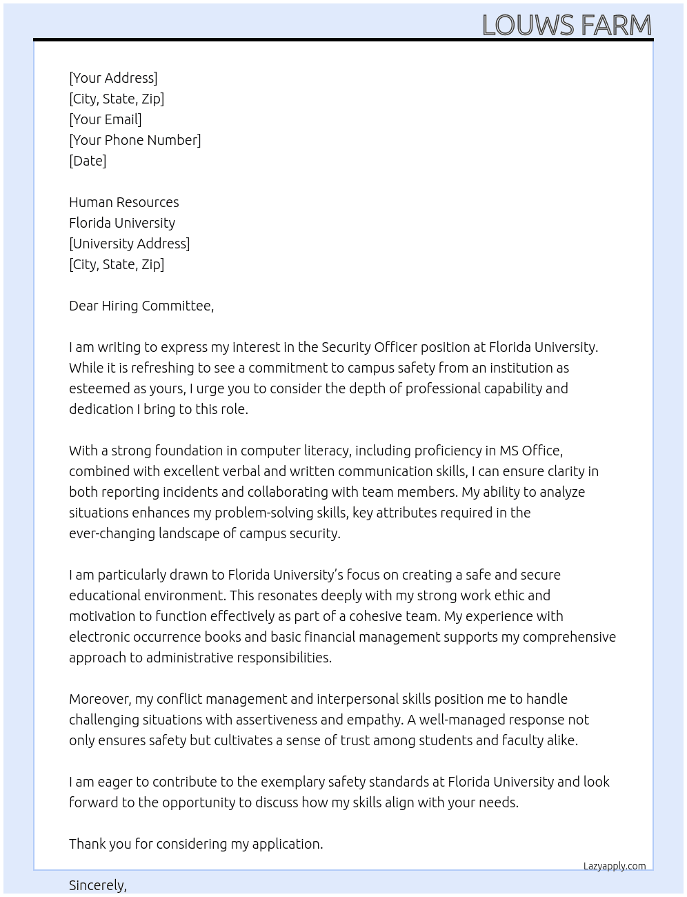 security officer At florida university Cover Letter