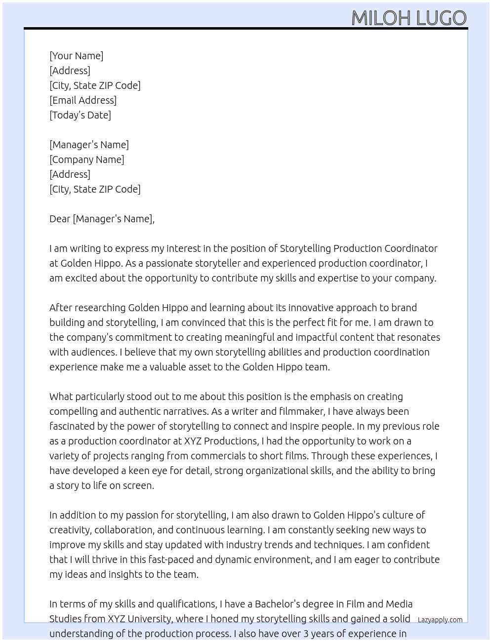 storytelling production coordinator At Golden Hippo Cover Letter