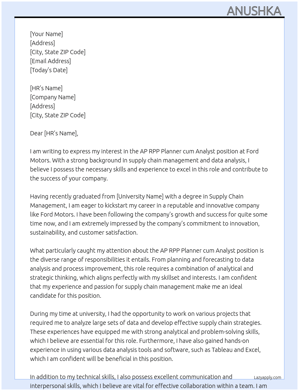 AP RPP Planner cum Analyst  At Ford Motors  Cover Letter