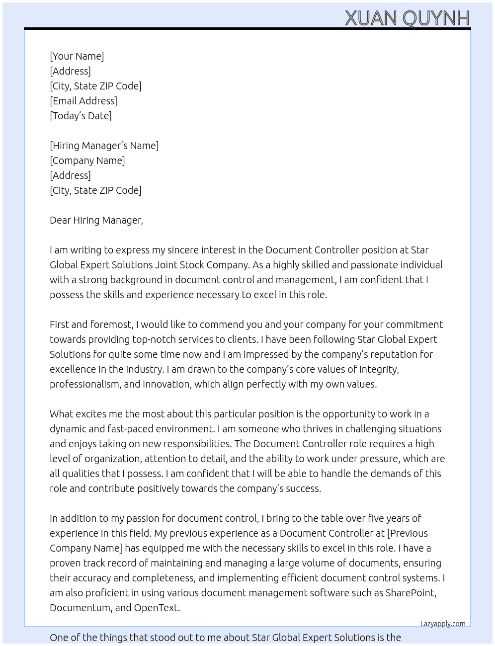 Document Controller At Star Global Expert Solutions Joint Stock Company Cover Letter
