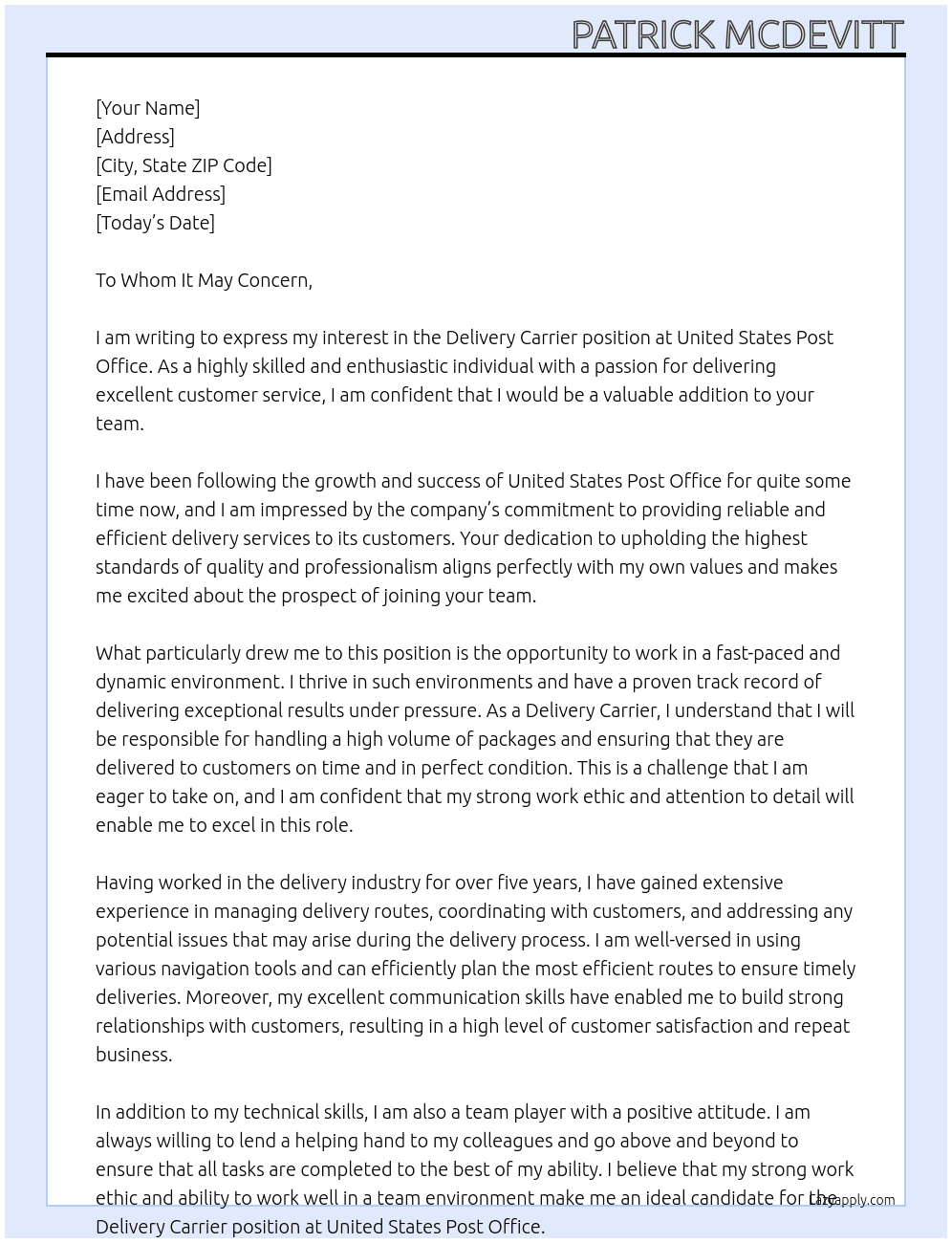 Delivery Carrier  At United States Post Office Cover Letter