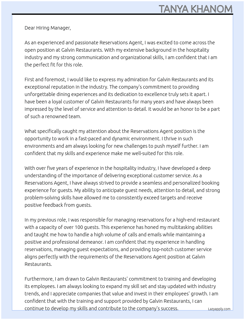 Reservations agent  At Galvin restaurants  Cover Letter