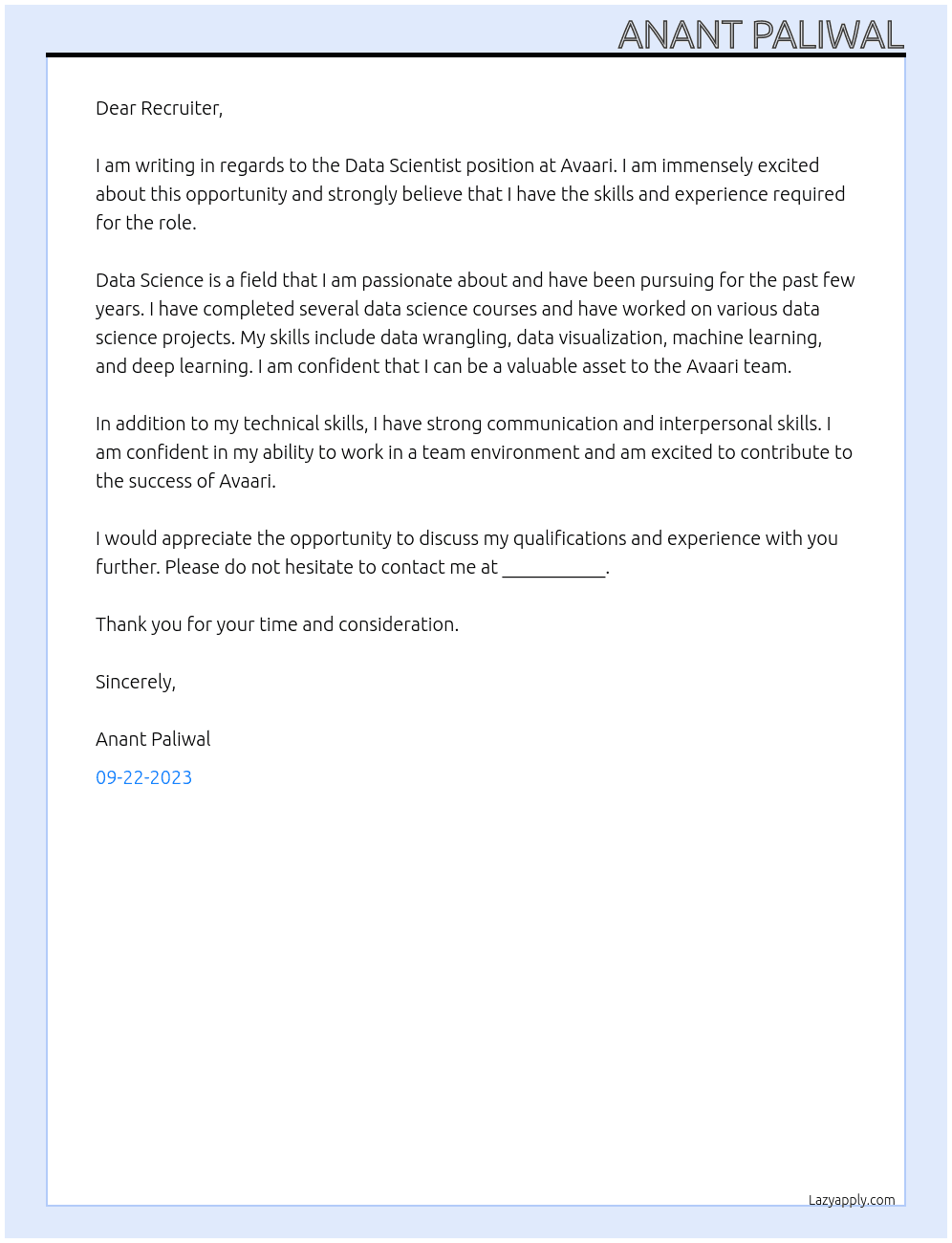 Data Scientist  At Avaari  Cover Letter