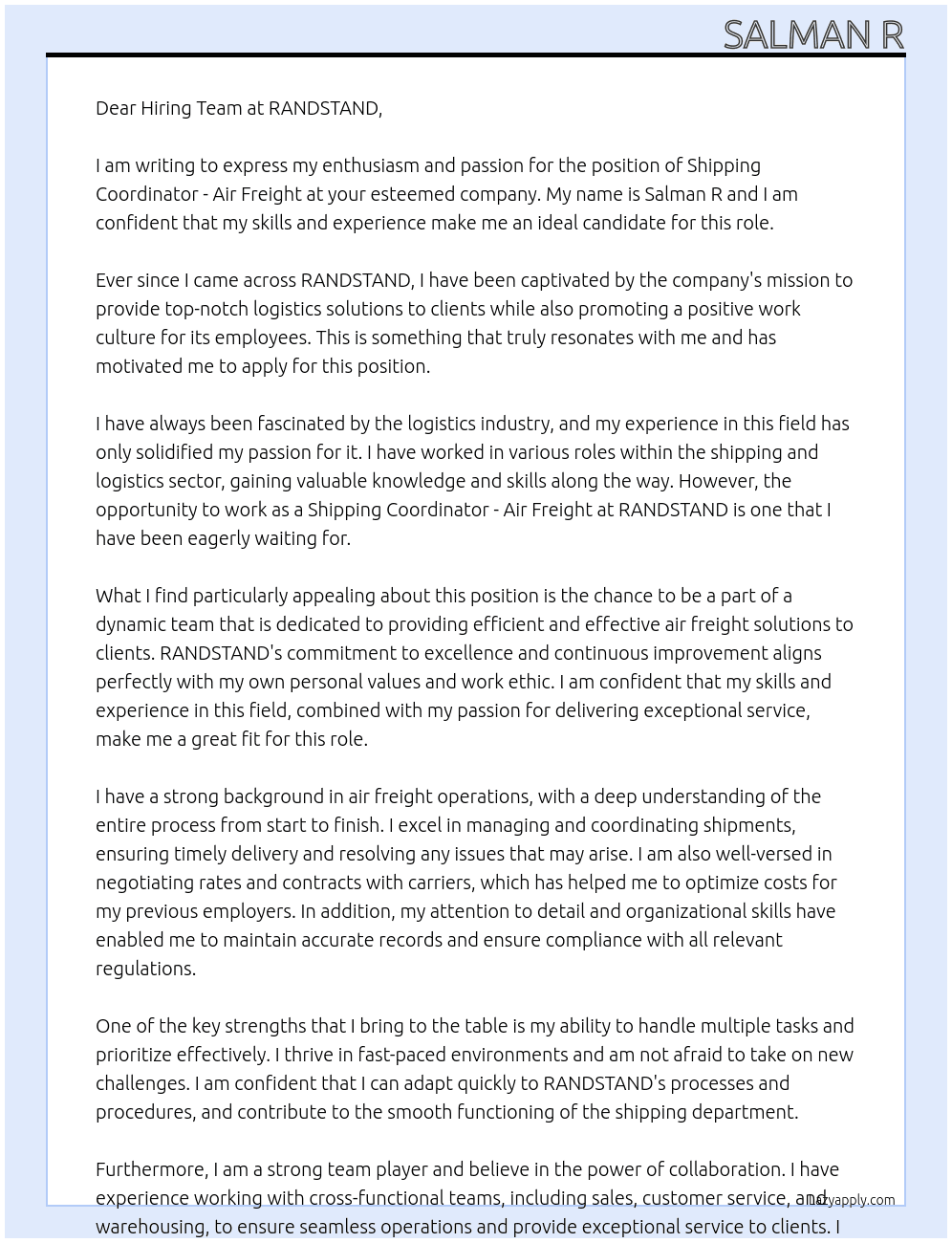 shipping coordinator - air freight. At RANDSTAND Cover Letter