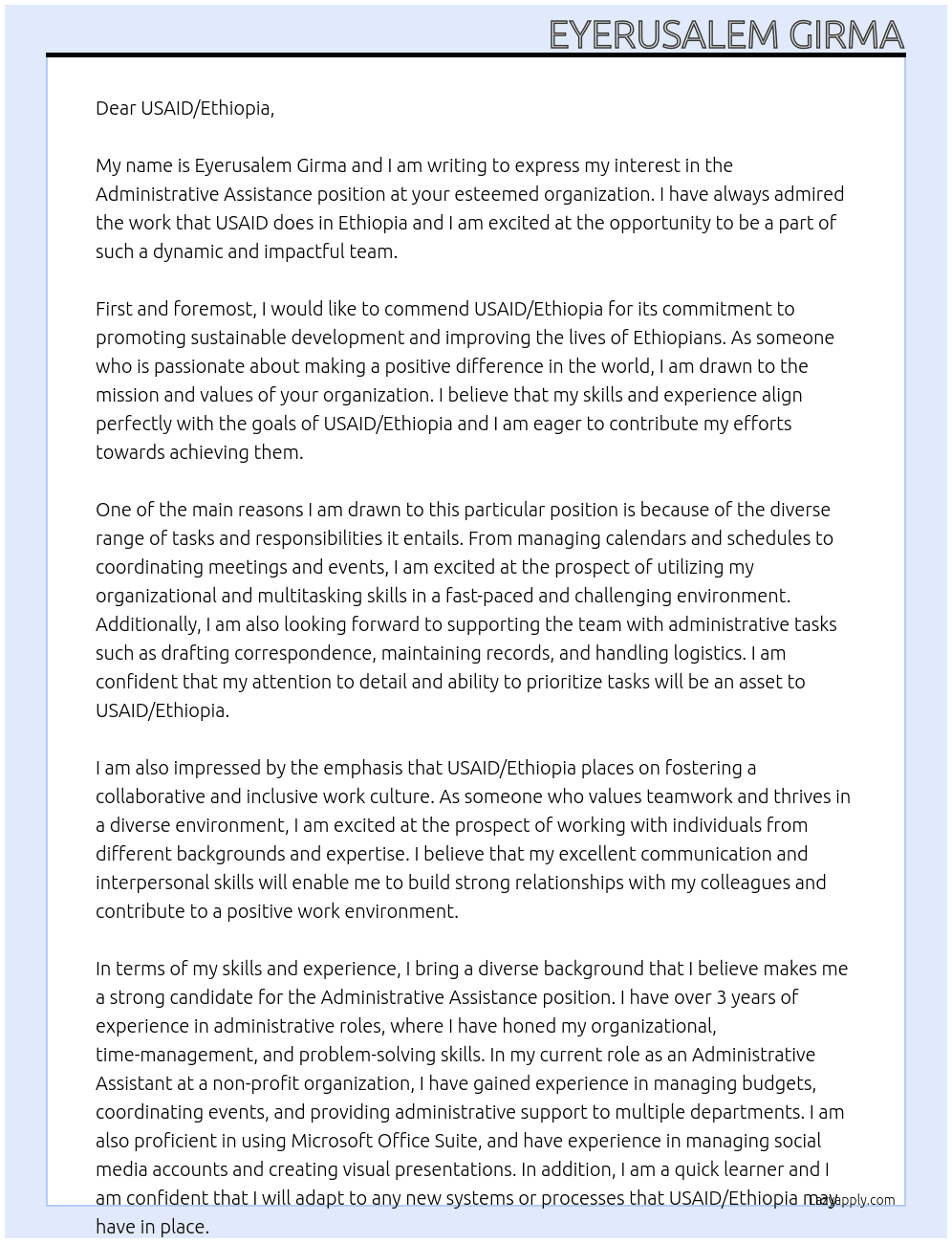 Administrative Assistance At USAID/Ethiopia Cover Letter