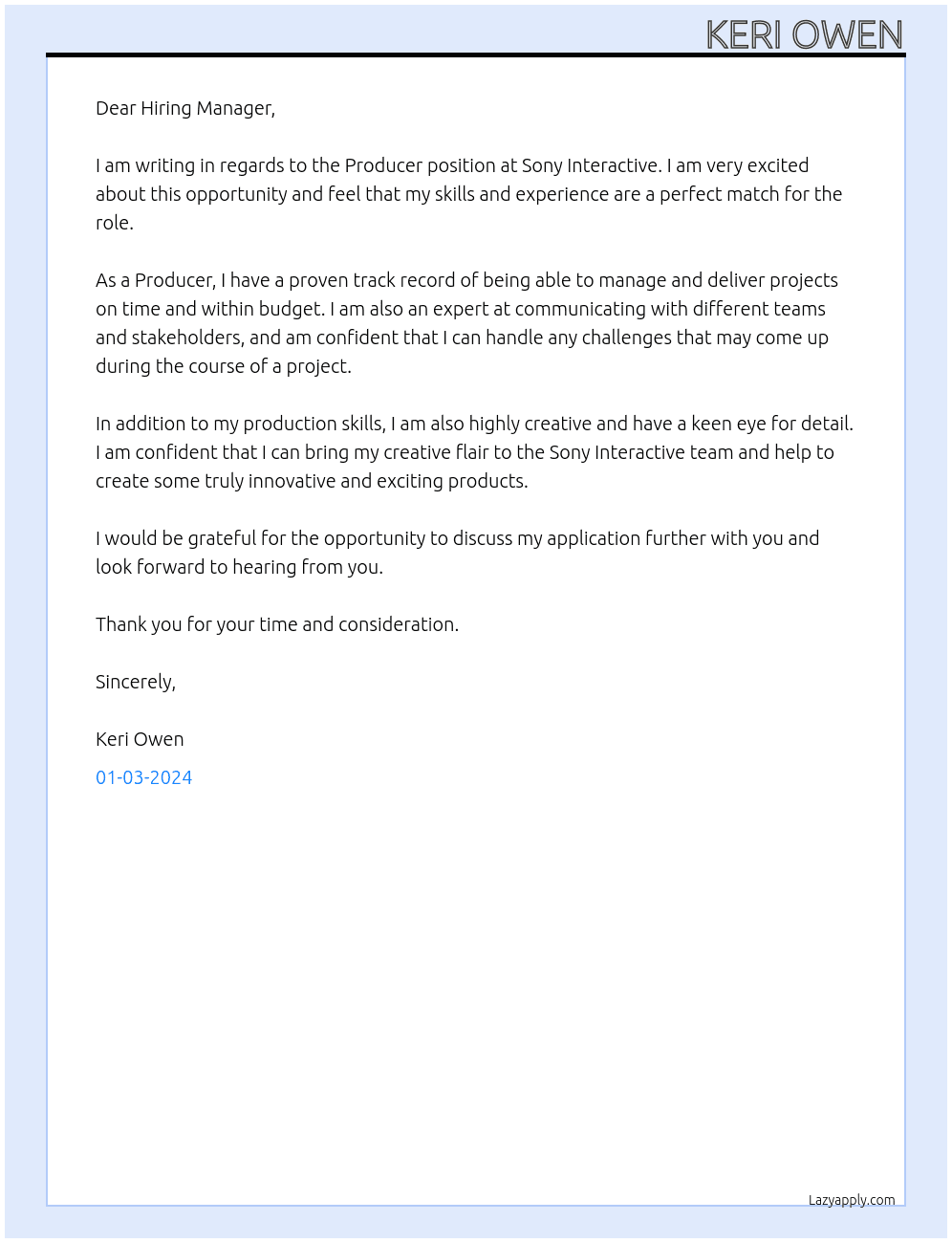 Prodcuer At Sony Interactive Cover Letter