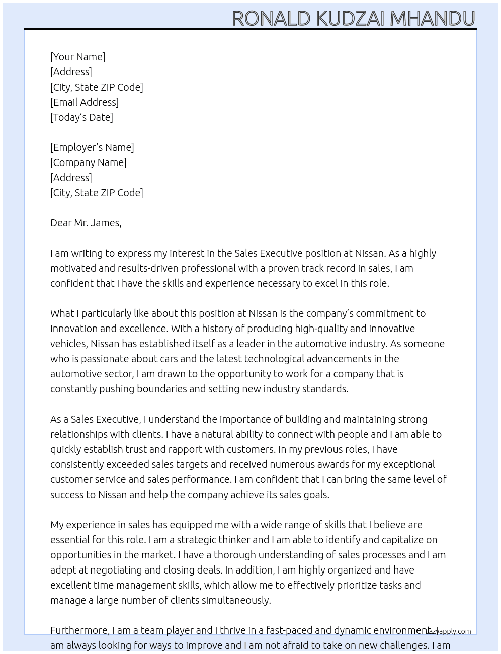 Sales Executive  At Nissan Cover Letter