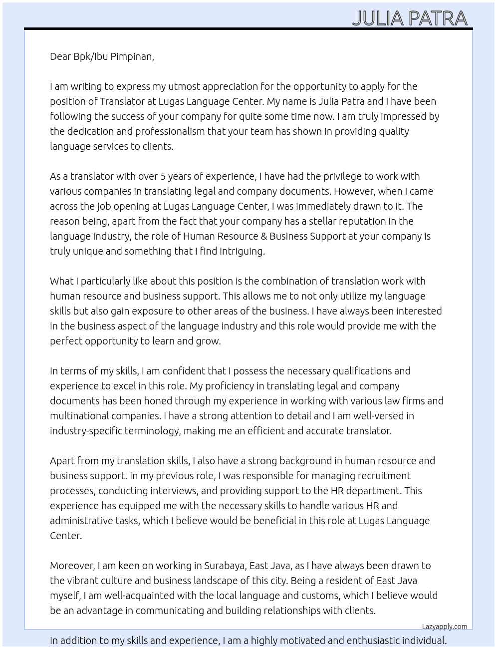 Translator At Lugas Language Center Cover Letter