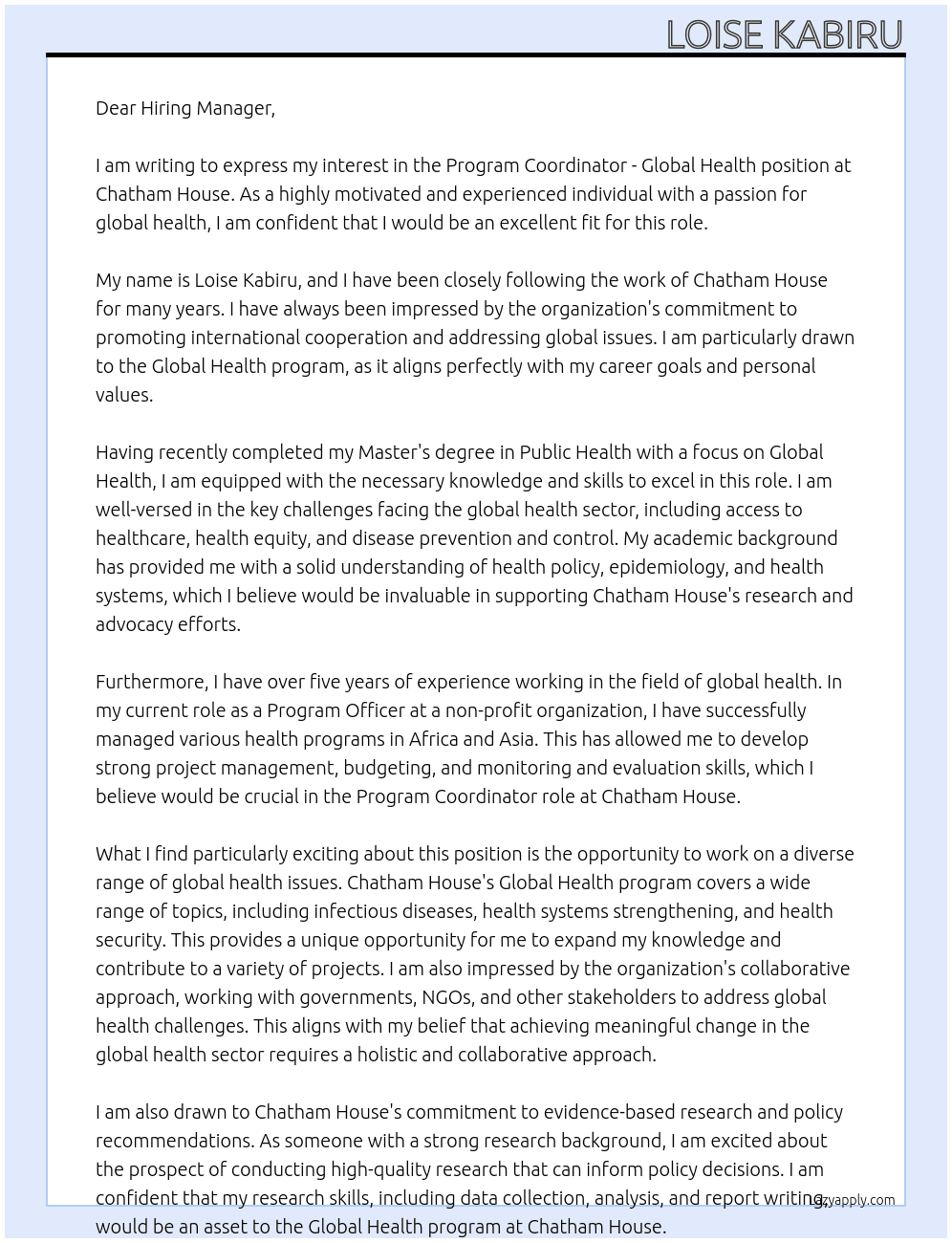 Program Coordinator - Global Health At Chatham House Cover Letter
