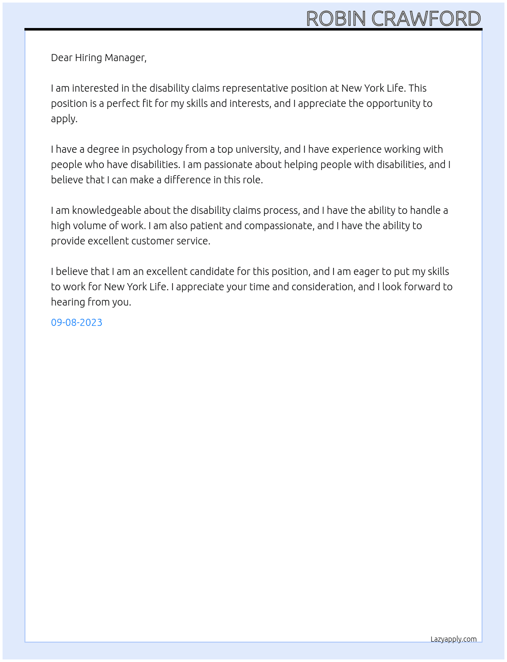 Disability claims representative  At New York Life Cover Letter