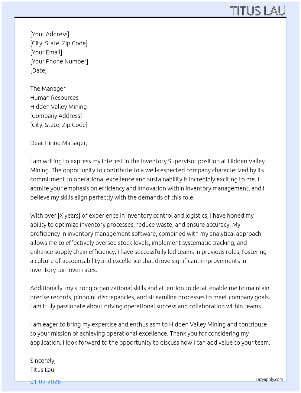 Inventory Supervisor At Hidden Valley Mining Cover Letter