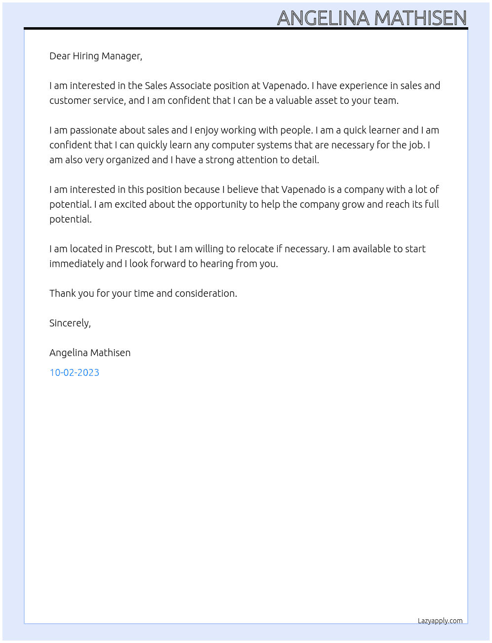 sales associate At Vapenado Cover Letter